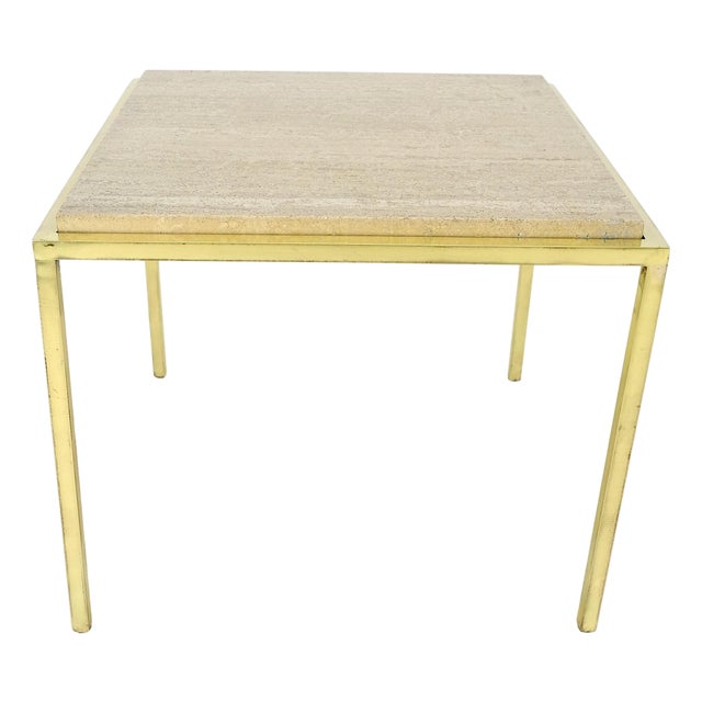 Mid Century Modern Brass & Travertine 19x19” Square Side End Table Stand MINT For Sale