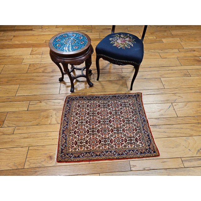 19th Century Vintage Persian Qum Square Accent Rug, Hand-Knotted Wool, Allover Geometric Pattern, 2x2, Ivory & Navy For Sale - Image 5 of 7