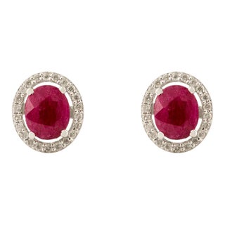 14k Gold Classic Oval Cut Ruby & Diamond Halo Stud Earrings for Her- A Pair For Sale