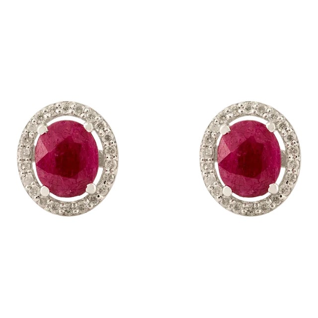 14k Gold Classic Oval Cut Ruby & Diamond Halo Stud Earrings for Her- A Pair For Sale