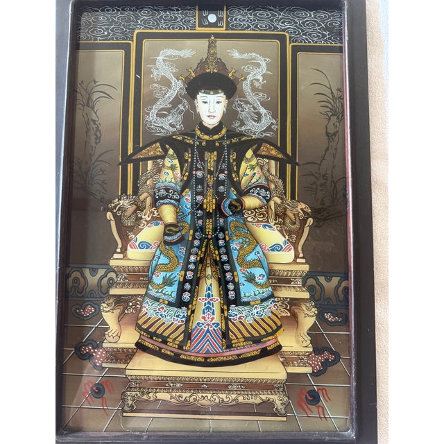1920s Pair of Chinese Reverse Glass Ancestral Portraits of Emperer and Empress Qing Dynasty For Sale - Image 4 of 15