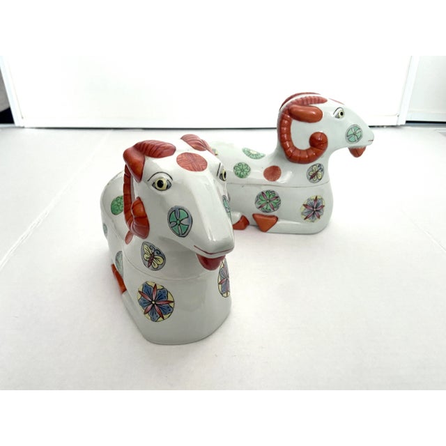 Asian 1930s Early Mid-Century Porcelain Staffordshire Style Asian Ram Box Figurines - a Pair For Sale - Image 3 of 13