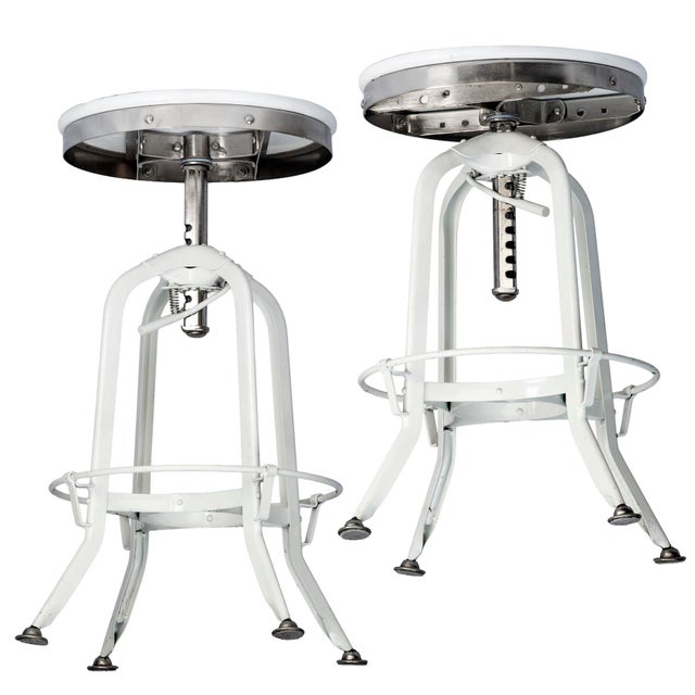 Pr. Of Vintage Restoration Hardward Adjustable White Bar Stools For Sale - Image 11 of 13
