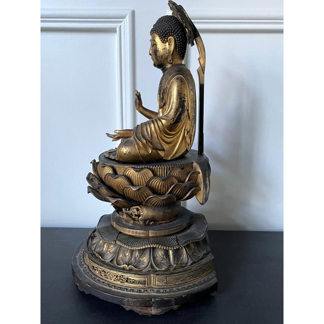 Japanese Japanese Antique Gilt Wood Amitabha Buddha on Loctus Throne Statue For Sale - Image 3 of 17