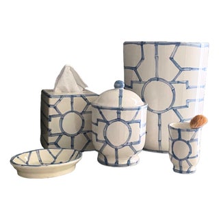 Chinoiserie Bamboo Fret Ceramic Bath Set, Light Blue, 5 Pieces For Sale