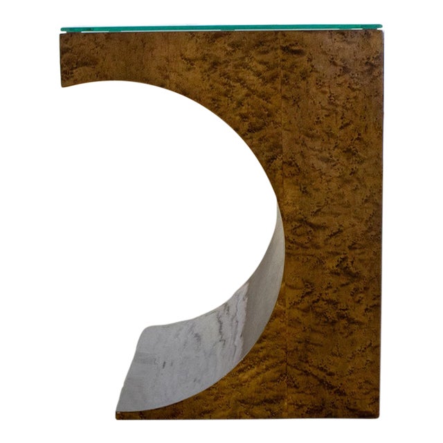 Late 20th Century Modern Geometric Crescent End or Side Table Burl Veneer With Rectangle Glass Top For Sale