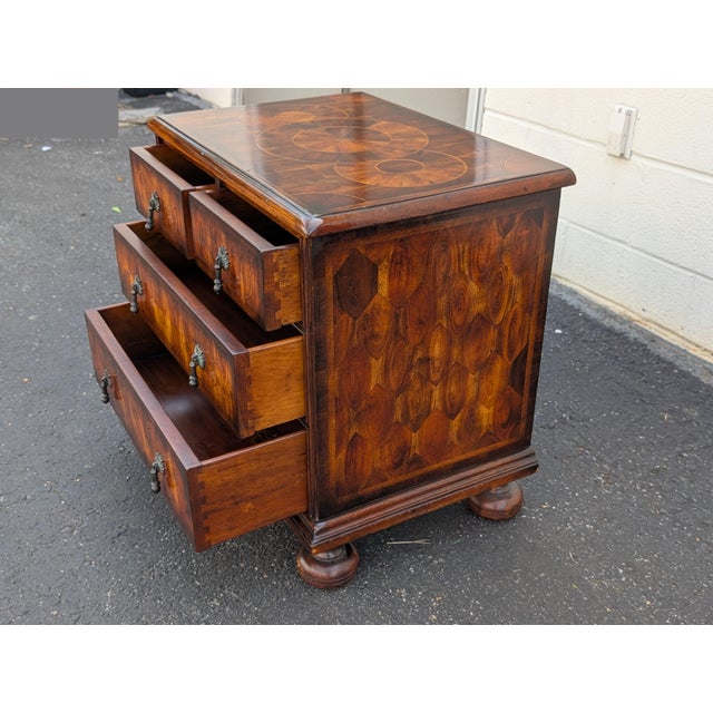 Transitional Mid 20th Century Theodore Alexander Style Inlaid Solid Wood 3-Drawer Bachelor’s Chest or Nightstand For Sale - Image 3 of 11