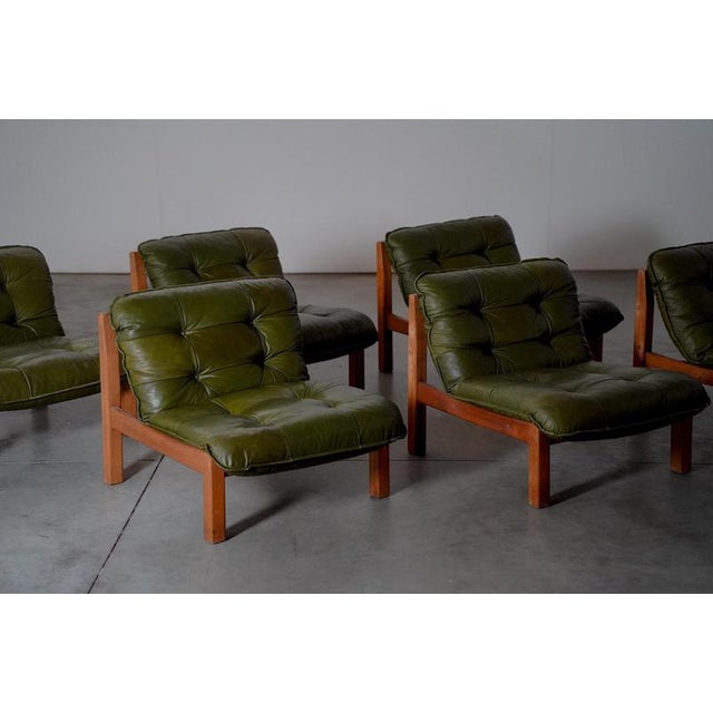 Wood Lounge Chairs in Green Leather, Denmark, 1970s For Sale - Image 7 of 8
