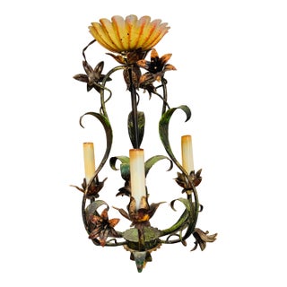 Vintage Tole Floral Three Light Chandelier For Sale