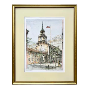 Original Color Etching Philadelphia Independence Hall by Paul Geissler Circa 1928