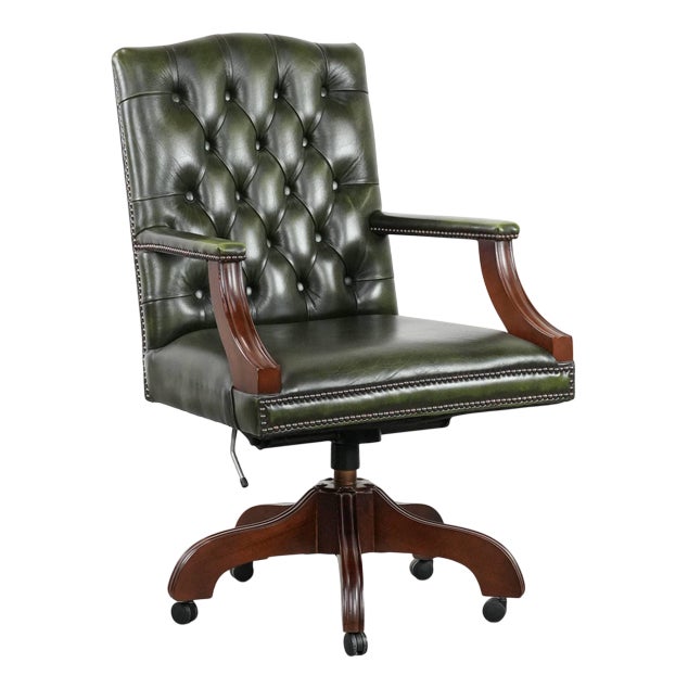 English Style Dark Green Cowhide and Wooden Chesterfield Swivel Desk Chair For Sale