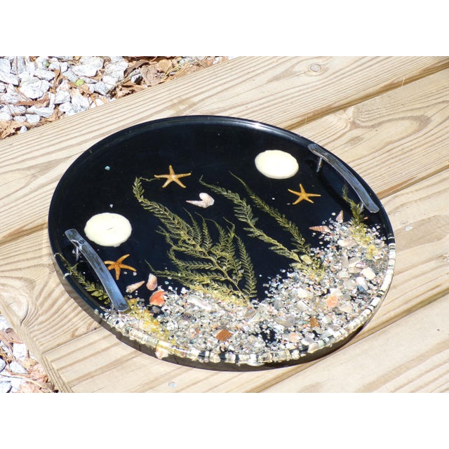 Vintage Mid Century Large Black Lucite Shell Tidal Serving Tray Chrome Handles For Sale In Boston - Image 6 of 10