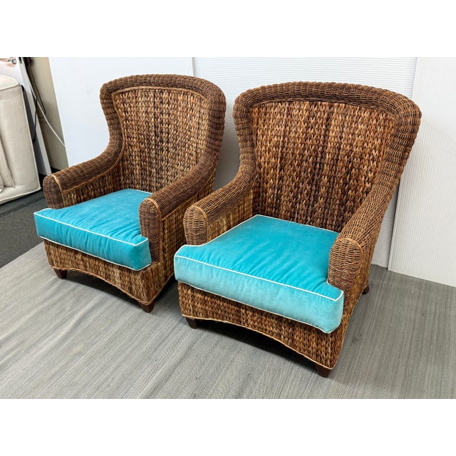 Turquoise Rattan Wingback Mid 20th Century Chairs, Pair For Sale - Image 8 of 12