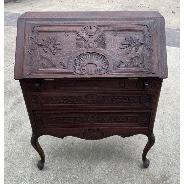 Love this beautiful carved wood French secretary with fitted cubbies and drawers inside and I do have the key!