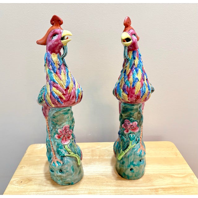 Vintage Chinese Export Porcelain Phoenix Peacock Statues - A Pair For Sale - Image 11 of 12