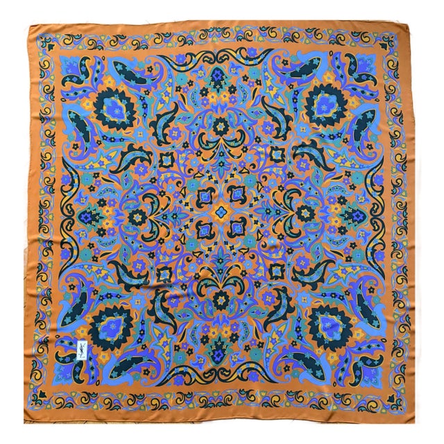 Yves Saint Laurent Large Silk Scarf With Multicolored Arabesque Print, 1980 For Sale
