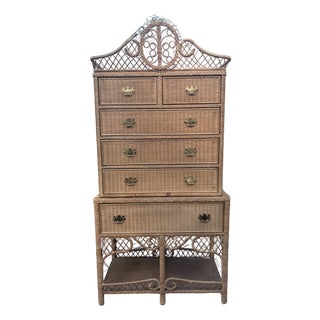 Late 20th Century Ralph Lauren Safari Wicker Two Part Highboy or High Chest For Sale