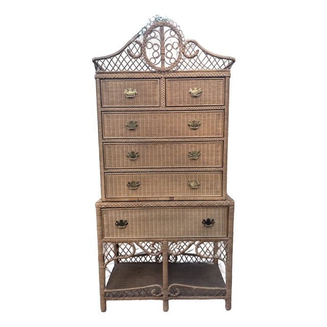 Late 20th Century Ralph Lauren Safari Wicker Two Part Highboy or High Chest For Sale