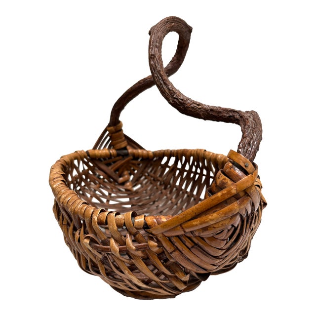 Vintage Asian Rustic Decor Basket With Branch Handle For Sale