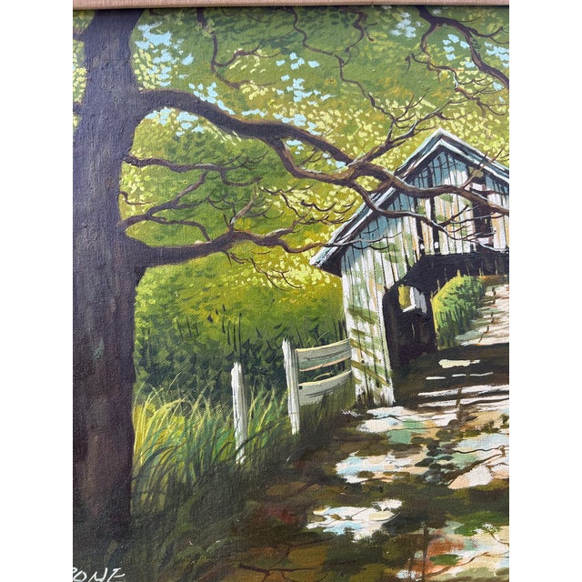 Green Late 20th Century Landscape Oil Painting, Covered Bridge Forest, Contemporary by Cerbone, Framed Carved Wood Linen Mat For Sale - Image 8 of 10