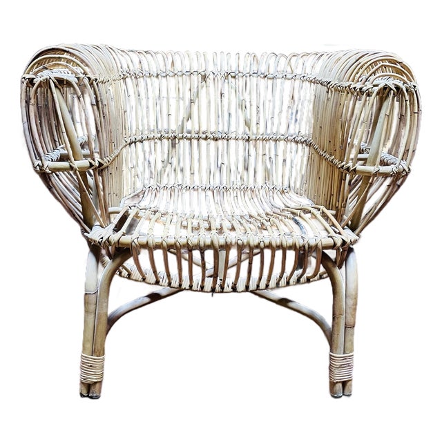 Vintage Boho Franco Albini Attributed Handcrafted Bent Rattan Lounge Chair For Sale
