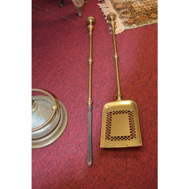 1960s Vintage Heavy Brass / Iron Fireplace Tools Companion 4 Piece Cleaning Set For Sale - Image 5 of 18
