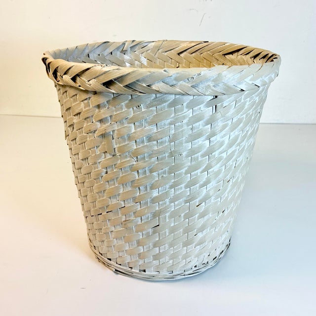 Mid 20th Century Mid-Century Boho Chic Coastal White Washed Almond Painted Wicker Wastebasket. For Sale - Image 5 of 11