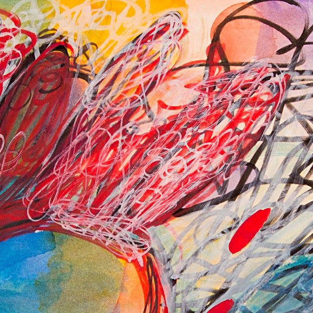 Contemporary White Flower – Abstract Circular Composition With Dynamic Linework in Oil Markers and Acrylics on Paper – 18 X 24 In For Sale - Image 3 of 9