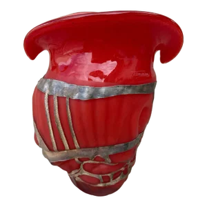 Vintage Ion Tamaian Large Red Blown Glass Vase, Signed