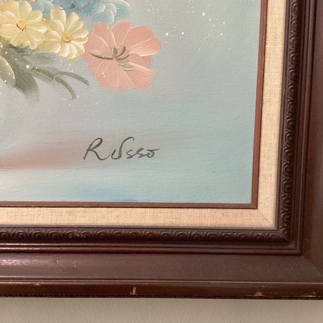Vintage Still Life Pastel Painting on Canvas “Summer Bouquet in Blue Vase“ Signed Framed For Sale - Image 9 of 12