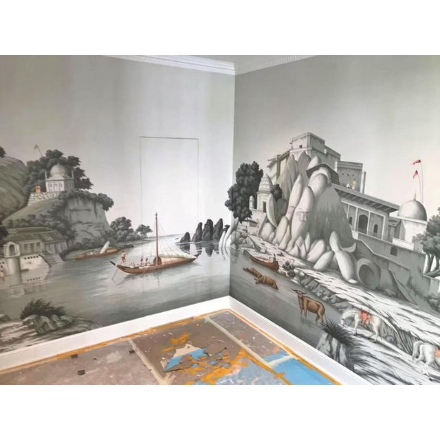 Hand Painted Vintage Indian River Landscape Panoramic Mural Panels For Sale - Image 4 of 4