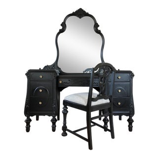 Joerns Brothers Black Mahogany Antique Make-Up Vanity With Chair For Sale