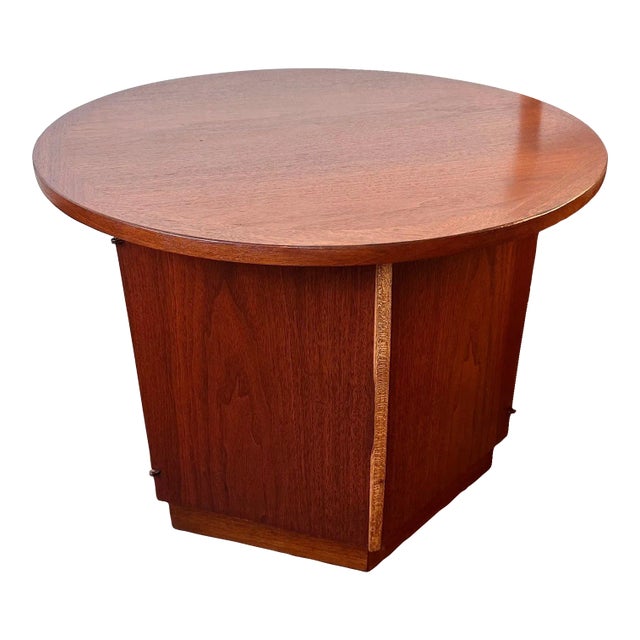 Lane Furniture Walnut Round Drum Table Storage Cabinet For Sale