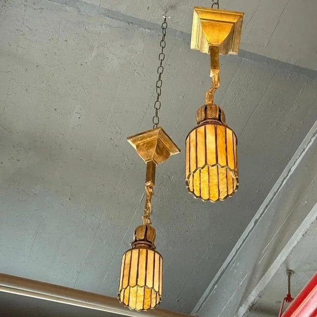 Arts & Crafts Pair of Arts & Crafts Stain Glass and Brass Pendant Lights For Sale - Image 3 of 9