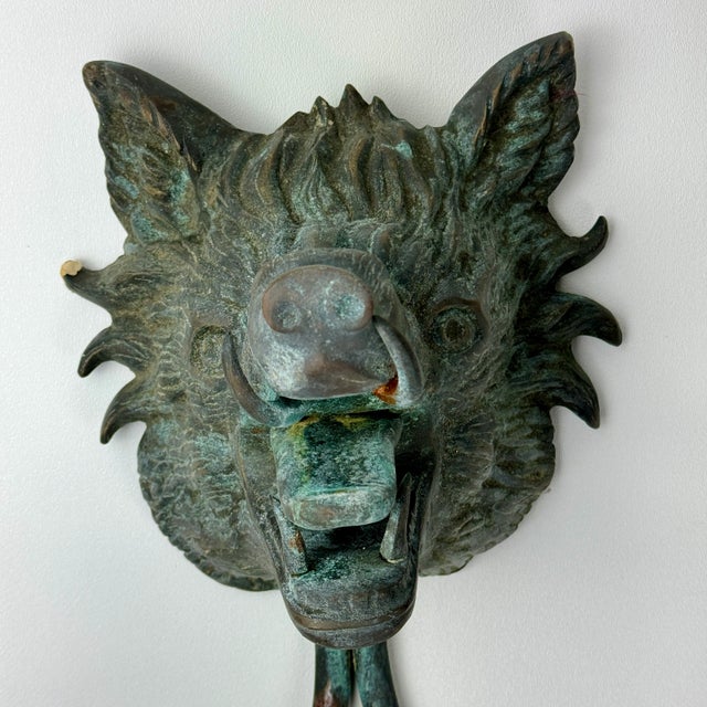 Early 20th Century Pair of Early 20th Century Growling Boar Heads Cast Metal Sconces For Sale - Image 5 of 12
