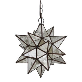 Matthew Izzo Home 15" Antique Mirror Moravian Star Pendant Light With Oxidized Metal Trim For Sale