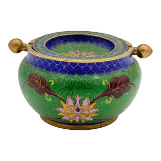 Mid-Century Cloisonné Enamel Revolving Ashtray in Green & Cobalt For Sale