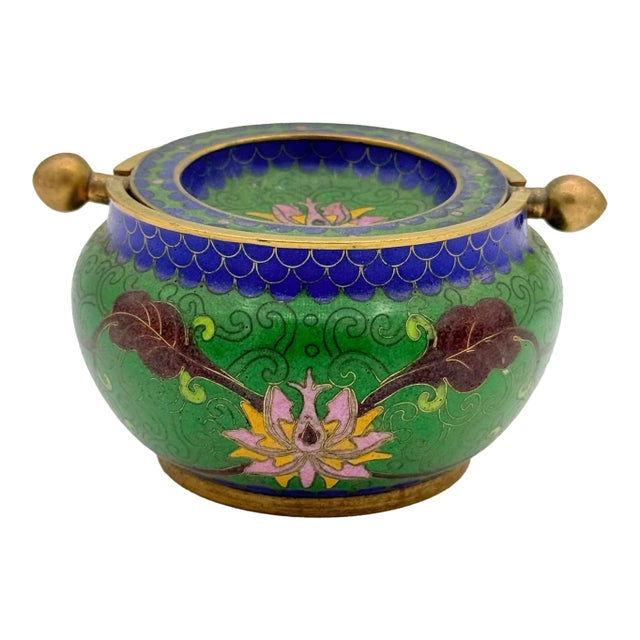 Mid-Century Cloisonné Enamel Revolving Ashtray in Green & Cobalt For Sale