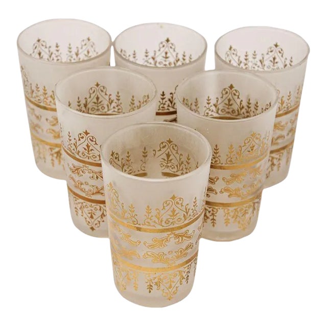 Moroccan White Frosted and Gold Glasses Set of 6 For Sale
