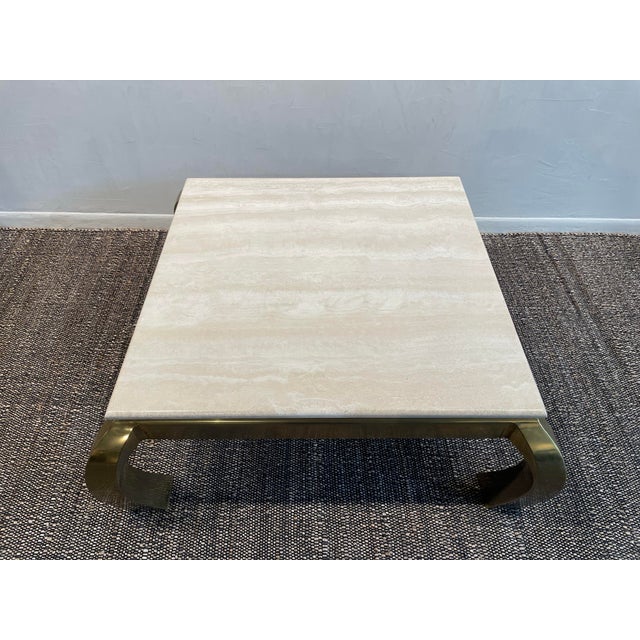 Mid-Century Modern 1970s Vintage in the Manner of Hendredon Hollywood Regency Brass and Travertine Coffee Table For Sale - Image 3 of 11