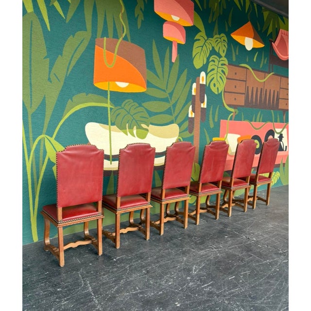Spanish Revival Leather Dining Chairs - 6 For Sale - Image 9 of 13