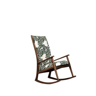 Danish Modern Rocking Chair in Wood and Monstera Leaf Pattern Fabric, 1960s For Sale