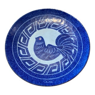 Blue Enamel on Copper Plate With Peace Dove Design For Sale