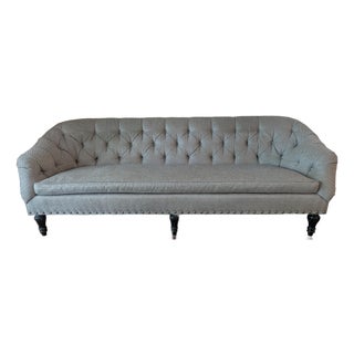 Custom Tufted Designer Sofa in Duralee C&c Pewter Upholstery For Sale
