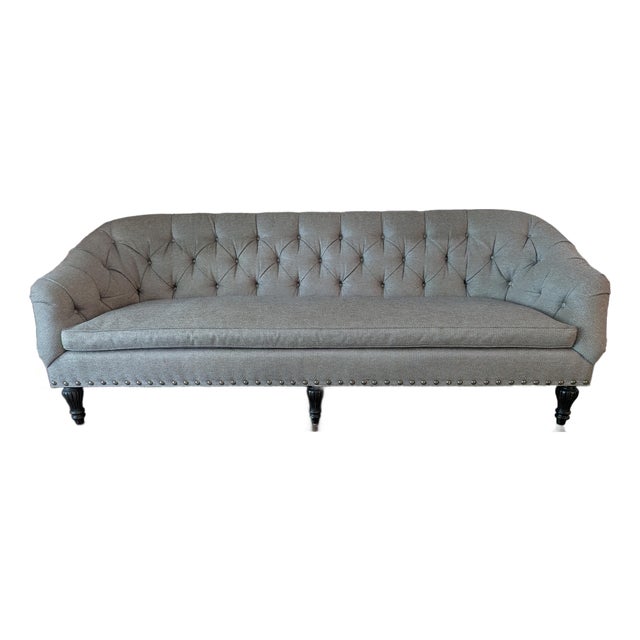 Custom Tufted Designer Sofa in Duralee C&c Pewter Upholstery For Sale