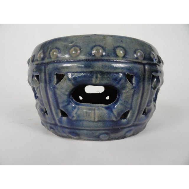 19th century blue decorative small garden seat, 6". Glazed finish.