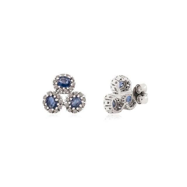 Modern Vintage-Inspired Sapphire & Diamond Earrings- Solid Silver Fine Jewelry- A Pair For Sale - Image 3 of 13