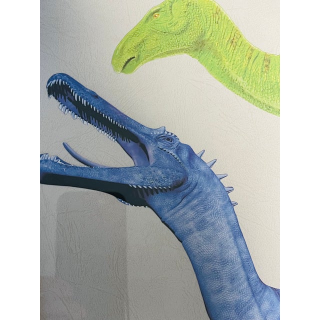 Cool pair of polychrome collages on textured paper Jurassic Dinosaurses in modern frames.