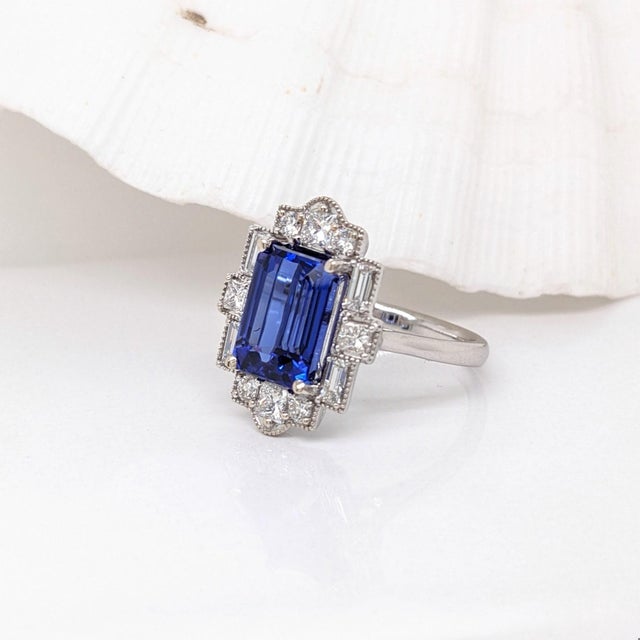 4.2ct Art Deco Tanzanite Ring With Earth Mined Diamonds Halo: Solid 14k Gold, Size 6.75 For Sale - Image 4 of 7