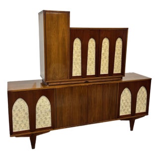 MCM Walnut & Mother of Pearl Sideboard With Bar Cabinet For Sale
